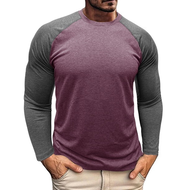 Blusas y camisas de manga larga con cuello redondo para hombre, blusa informal de poliéster con bloques de color y manga larga con cuello redondo.