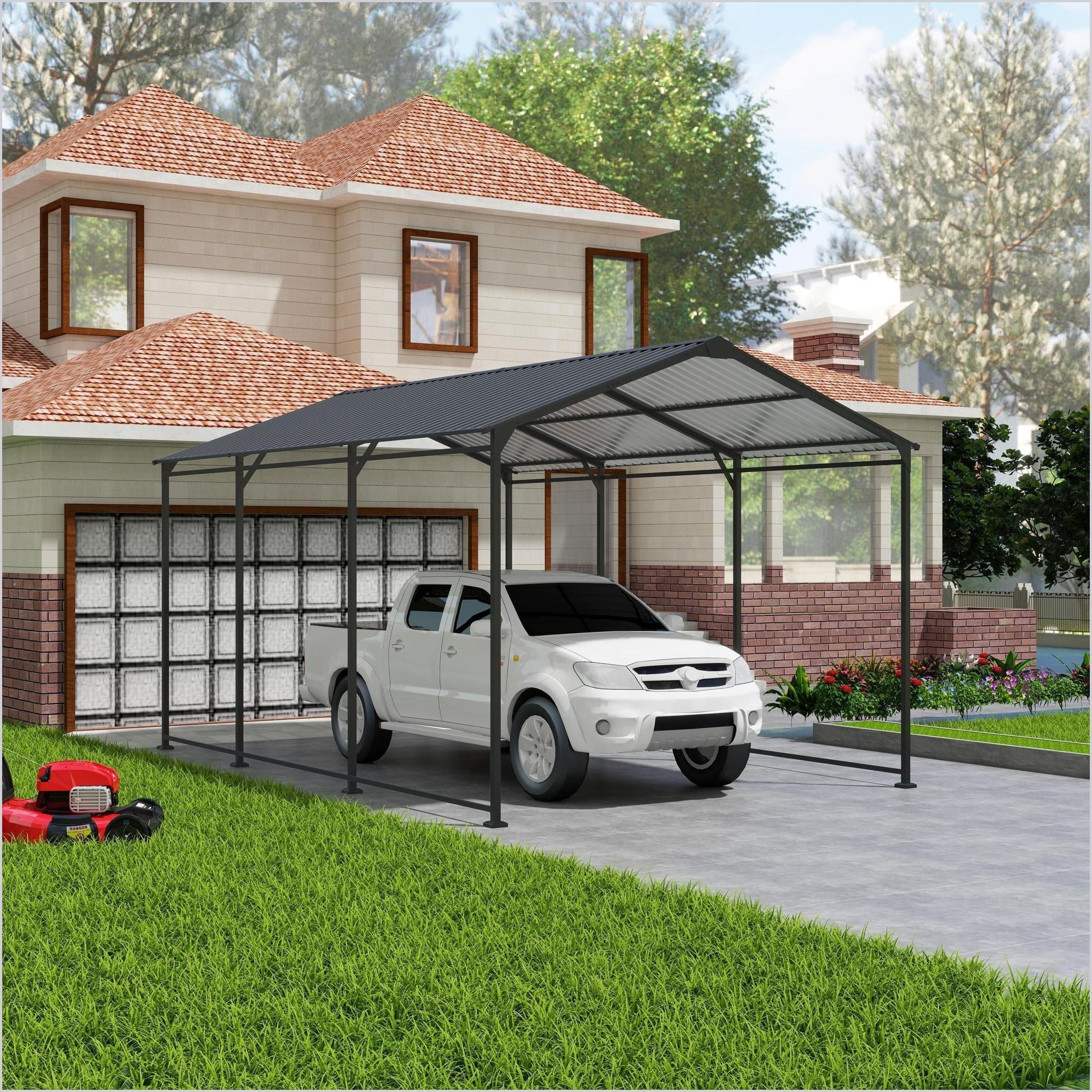 Carports 10×15 FT Heavy Duty Modern Industrial Outdoor Car Boat Storage, Slate Gray | Gray | Galvanized Steel
