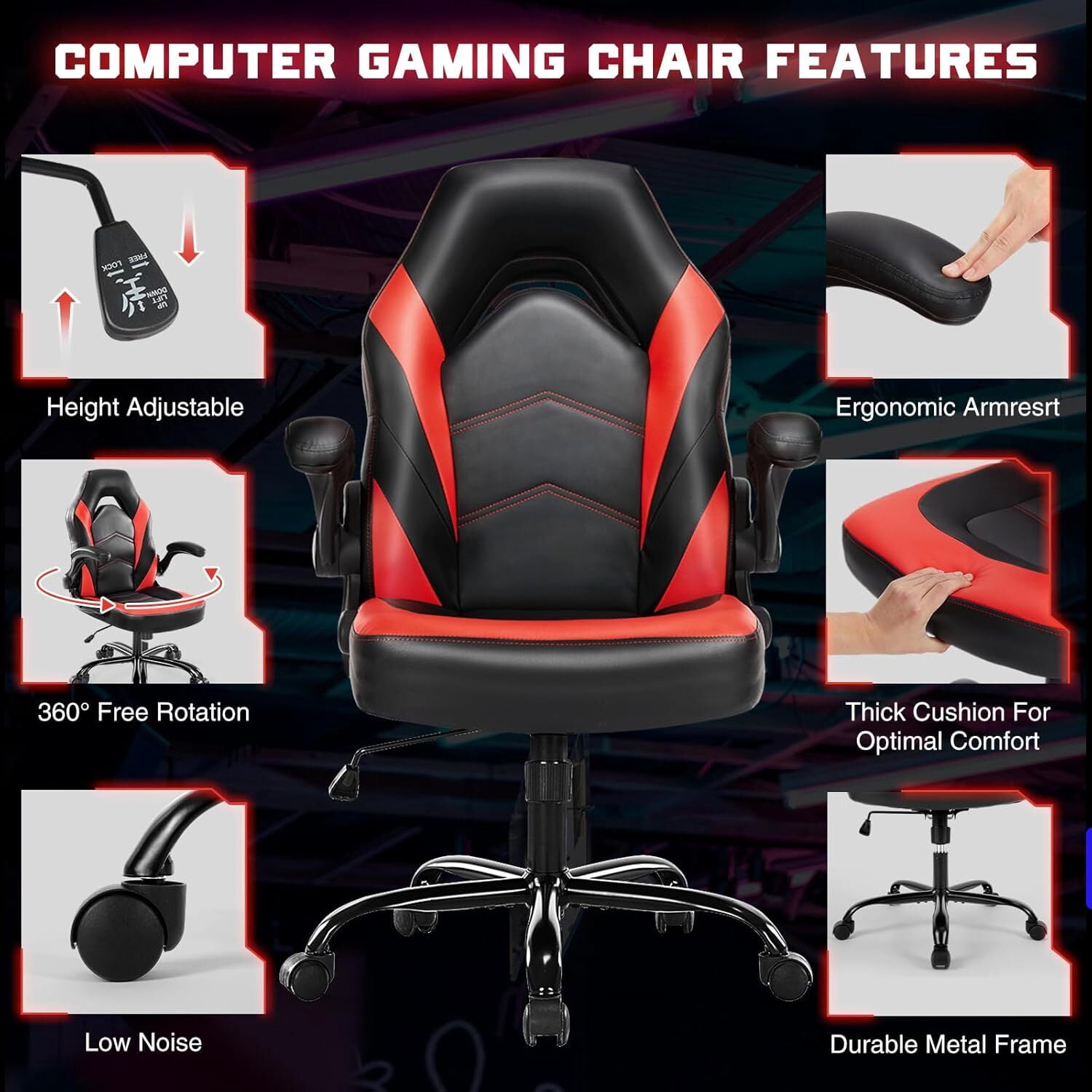 AENKYO Gaming Chair, Computer Chair Ergonomic Office Chair PU Leather Desk Chair Executive Adjustable Swivel Task Chair with Flip-up Armrest, Red