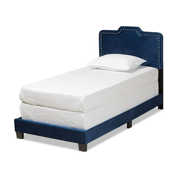 Benjen Glam Navy Blue Velvet Fabric Upholstered Twin Size Panel Bed