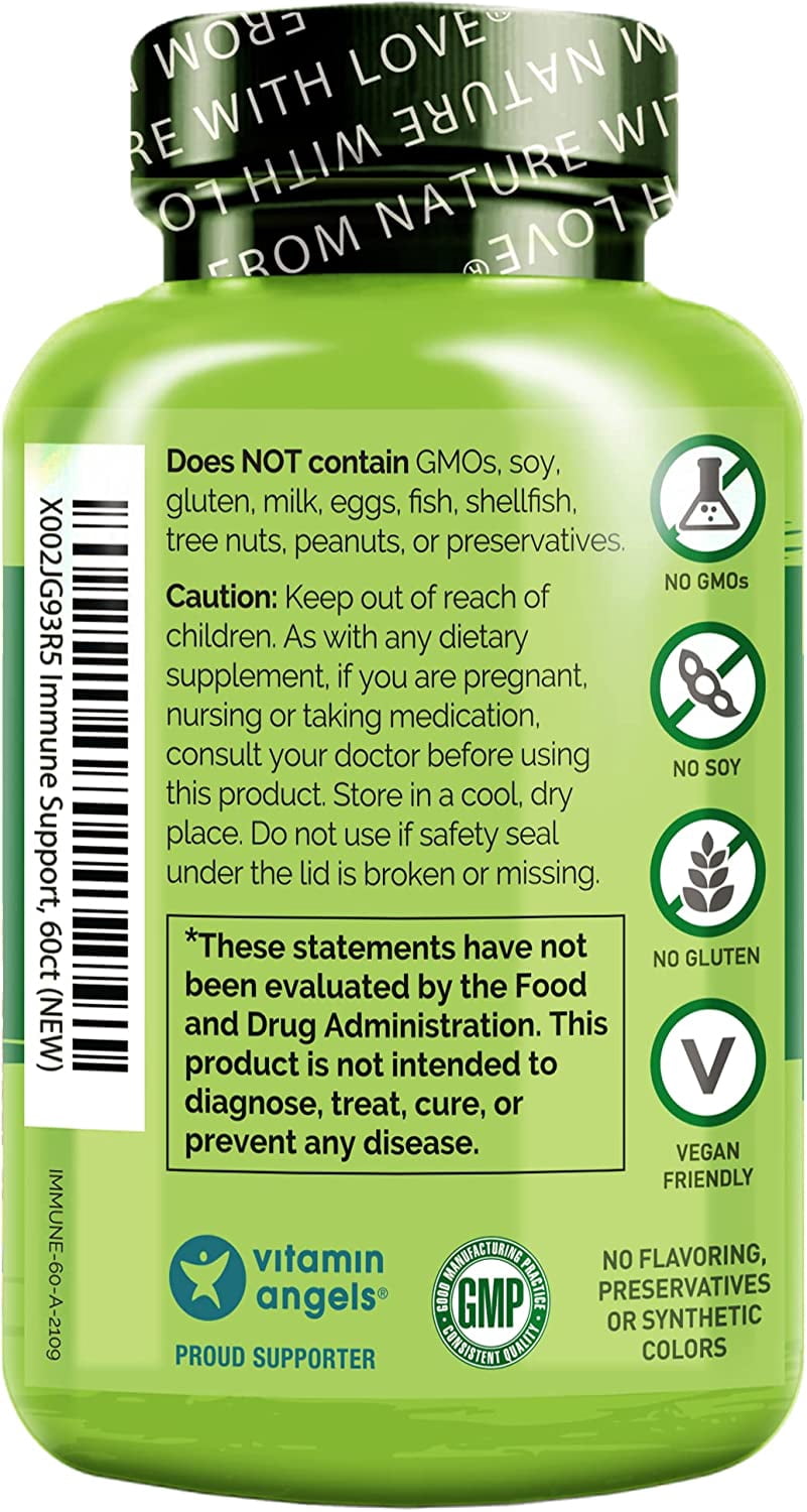 NATURELO Immune Support – Vitamin C, Elderberry, Zinc, Echinacea – Natural Immunity Boost w/Antioxidant, Herbal & Mineral Defense - 60 Vegan Capsules