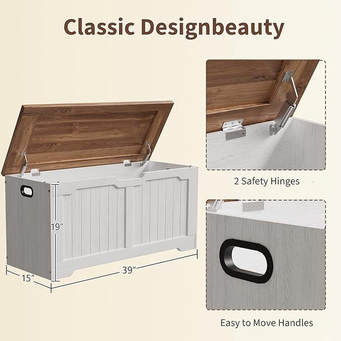 SOLLED 39.4" Retro Wooden Storage Bench & Chest, Lift-Top Trunk with Safety Hinges, Multifunctional Entryway Organizer & Toy Chest, Vintage Style for Living Room,White