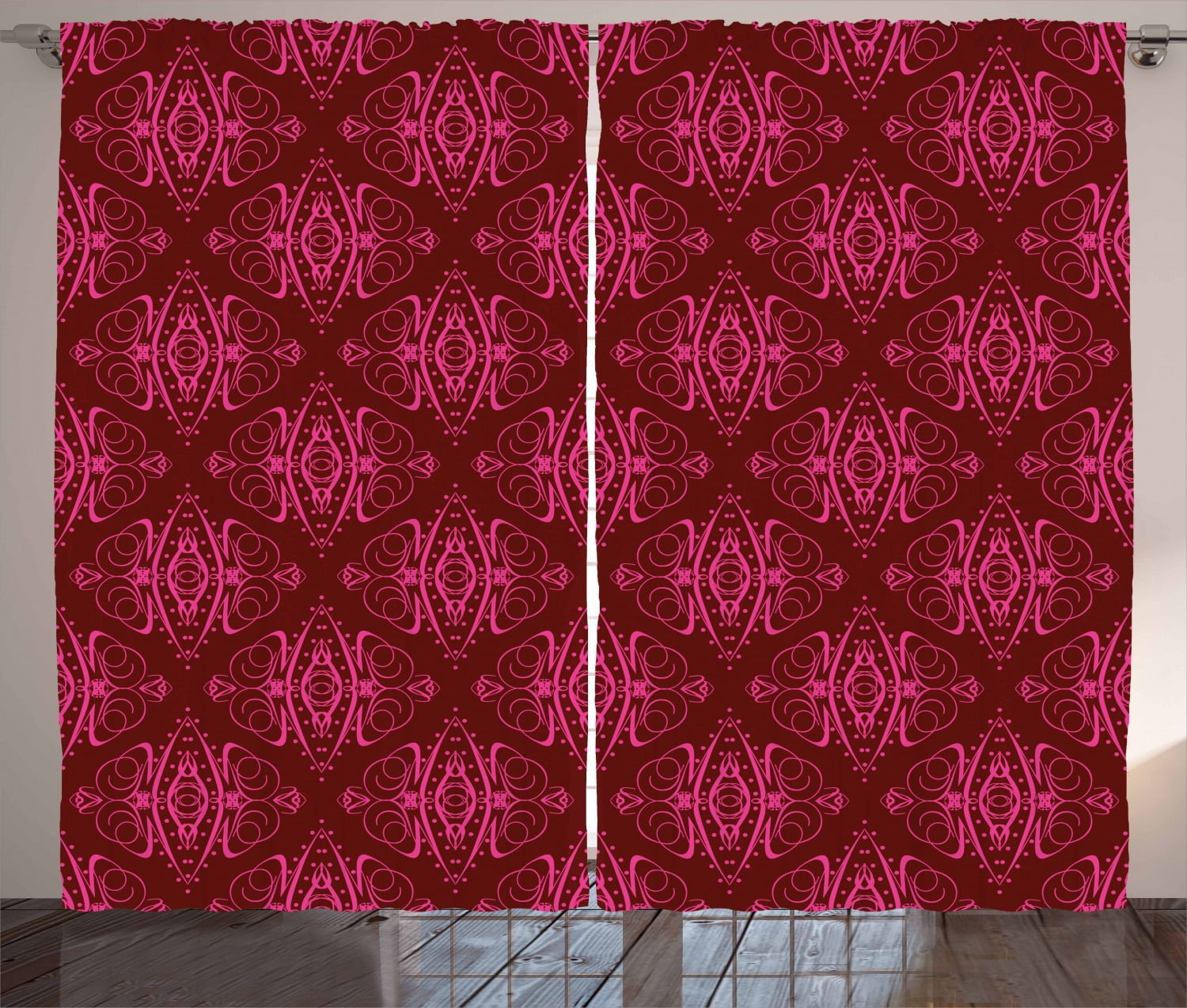 Hot Pink Curtains 2 Panels Set, Traditional Eastern Damask Pattern over