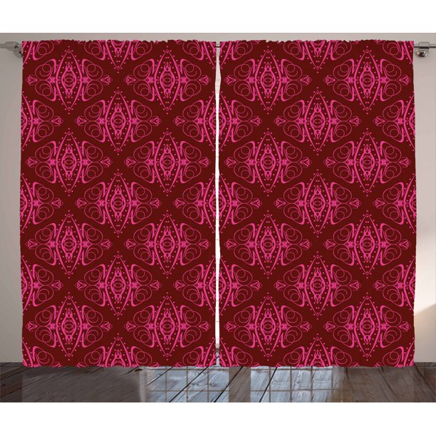 Hot Pink Curtains 2 Panels Set, Traditional Eastern Damask Pattern over