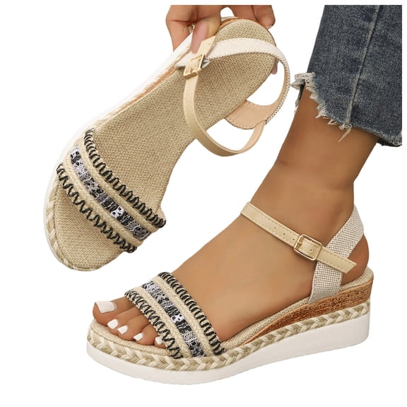 Rokment Womens Bohemian Ethnic Platform Wedge Sandals 2026 Beach Summer Woven Open Toe Ankle Strap Espadrilles Chunky Heeled Dressy Summer Shoes Black Size 6