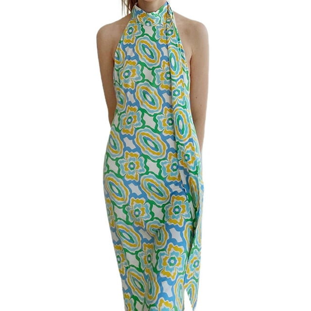 SAYOO Robes d'Été pour Femmes Demi-Adulte Ajustée Imprimée Col Montant Épaule Fendue Robe Dos Nu Chaude Robe de Plage Sans Manches Sexy Sans Bretelles Rétro Fendue