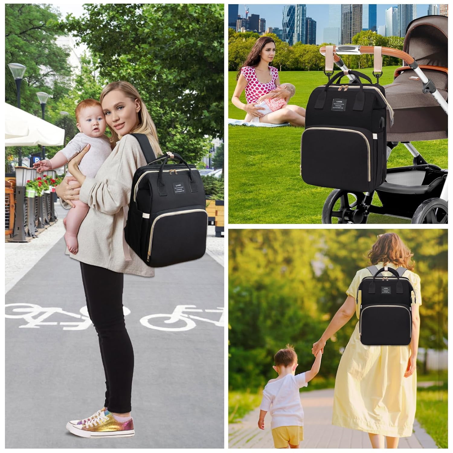 RSENFREMIOR Diaper Bag with Changing Station for Mom Dad, Large Capacity Travel Backpack with Stroller Straps ,3 in 1 Waterproof Foldable Changing Bag with Foldable Crib for Girls Boys
