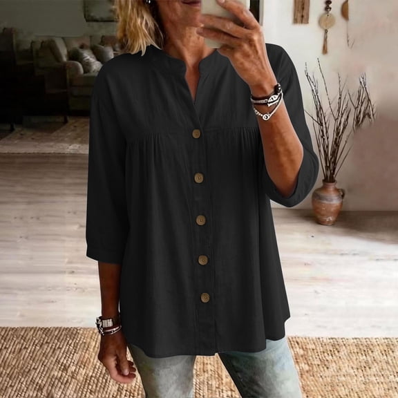 ClodeEU Women's Henley Neck 3/4 Sleeve Blouse, Casual Button Down V Neck Tunic Top, Soft Loose Fit Everyday Shirt Black,Women's Plus L