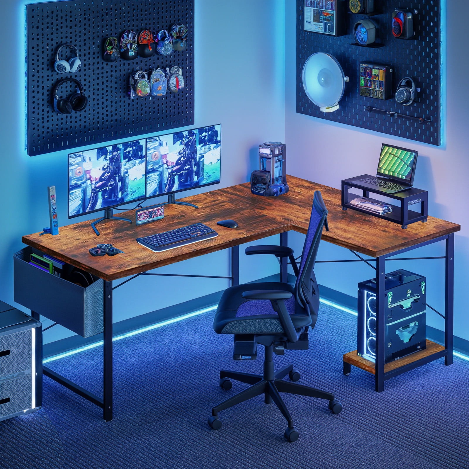 TINKLE WELL 50-inch L-Shaped Computer Desks, Corner Gaming Table with Wooden Desktop, Reversible Design, CPU Stand and Side Bag for Home Office, Study, Vintage Brown