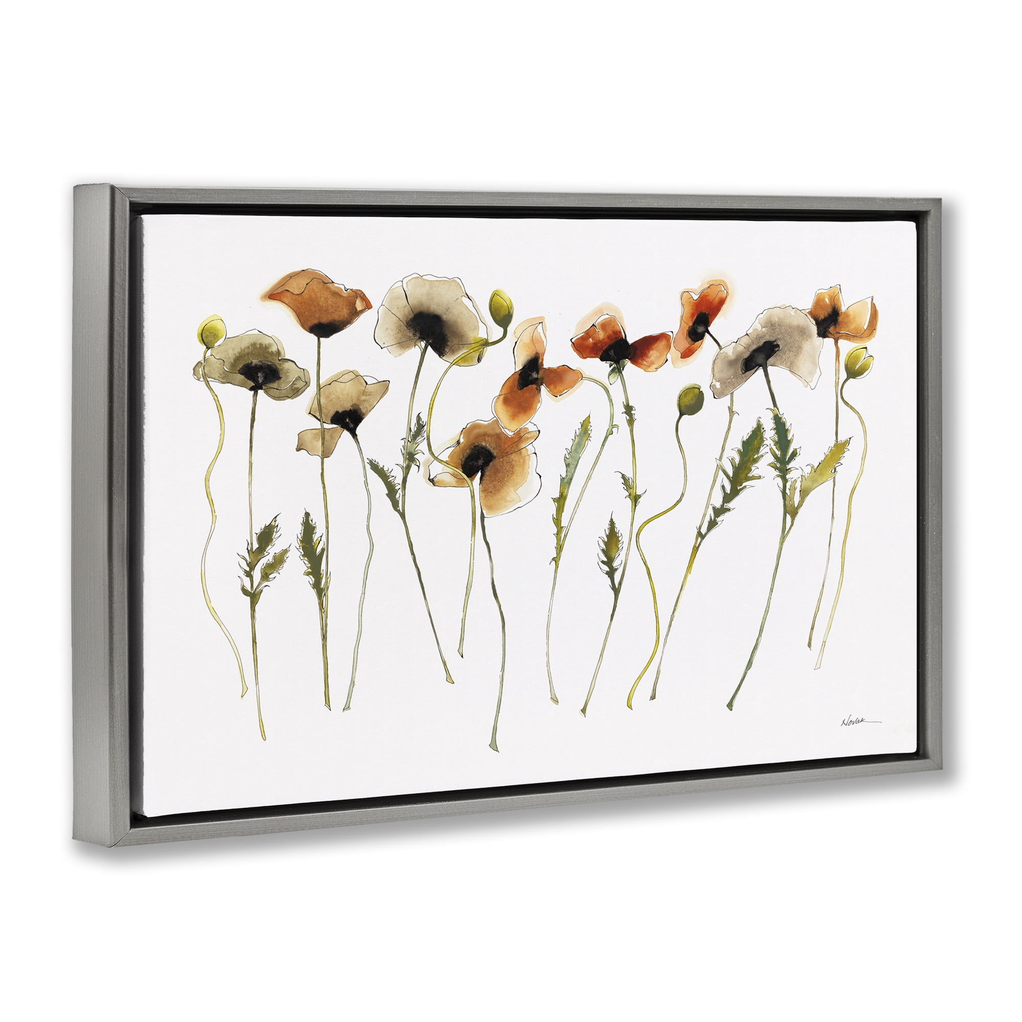 Stupell Industries Autumn Poppy Sprigs Botanical & Floral Painting Gray Floater Framed Art Print Wall Art, 25 x 17