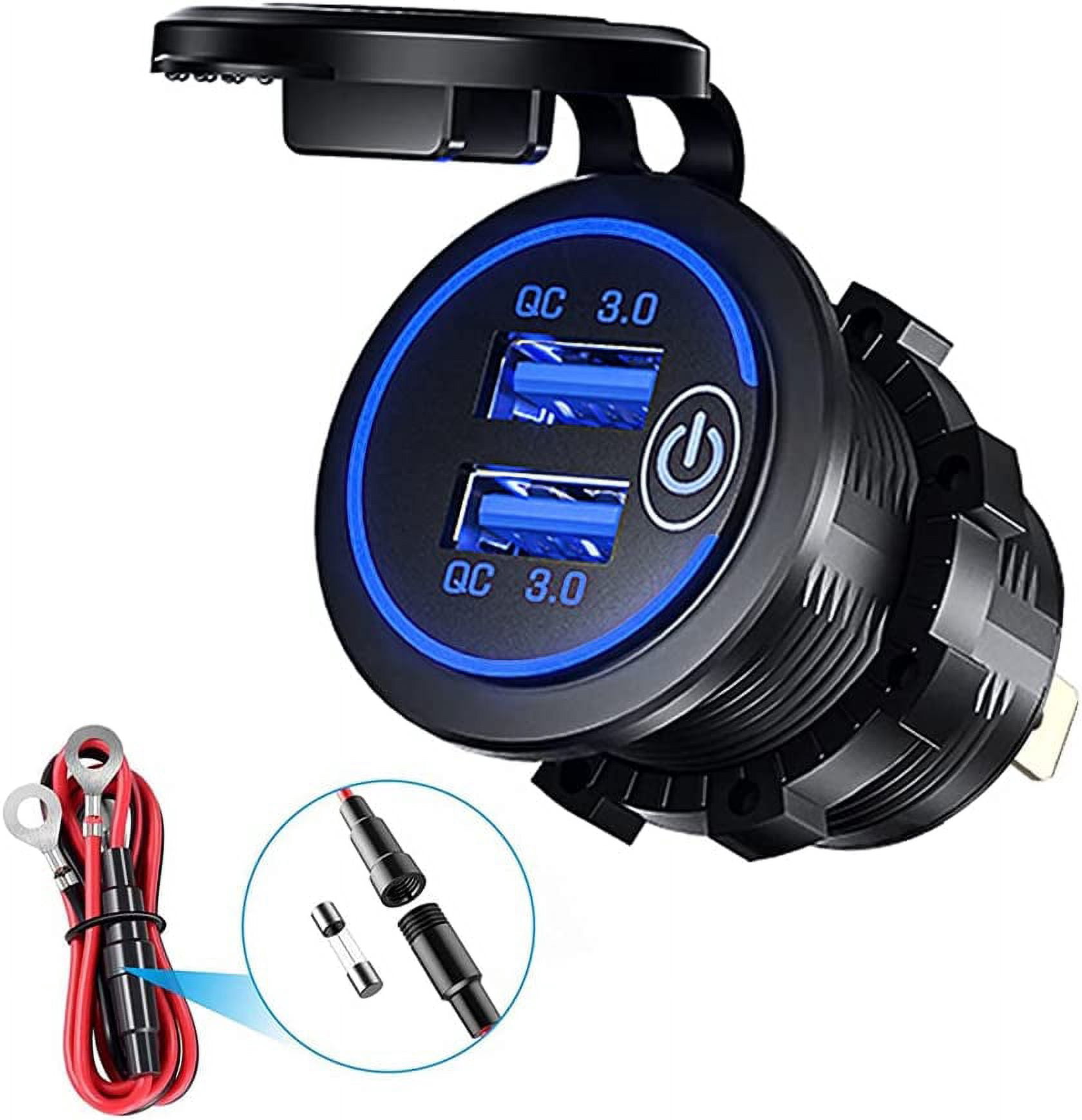 Motorcycle USB Car Charger, 12/24V Waterproof Dual USB/QC3.0 Socket Adapter, Charger with Switch, Suitable for Boat, Trailer, Car, Bus