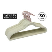 Badgley Mischka Non-Slip Clothes Hangers (30 Pack ) Velvet ; Ivory W/ Rose Gold - With Notched Shoulders 2.5Oz Light; Thin .20" Holds Up To 12 Lbs