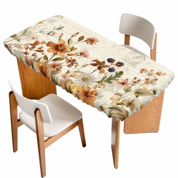 Vintage Floral Table Cloths for 6 Foot Rectangle Tables, Spring Flowers Eucalyptus Leaves Patio Waterproof Elastic Fitted Tablecloths, Washable Rectangular Table Cover for Camping
