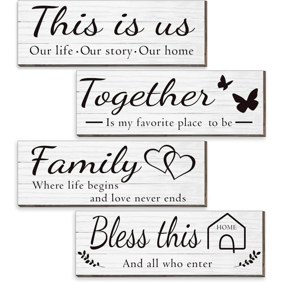 MUCHENGGIFT 4 Pieces Home Wall Decor Signs, THIS IS US/ TOGETHER/ BLESS THIS HOME/ FAMILY Wall Decor For Living Room Bedroom, Rustic Wooden Farmhouse Wall Art Decor, 4.7 x 13.8 Inch(White)