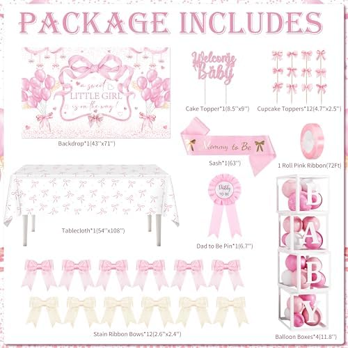 143PCS Pink Girl Baby Shower Decorations – Welcome Banner, Balloons, Coquette Bow Boxes, Cupcake Banner (For Girl Baby/Birthday Shower), 207 – Home Decor, Kitchen, & Other