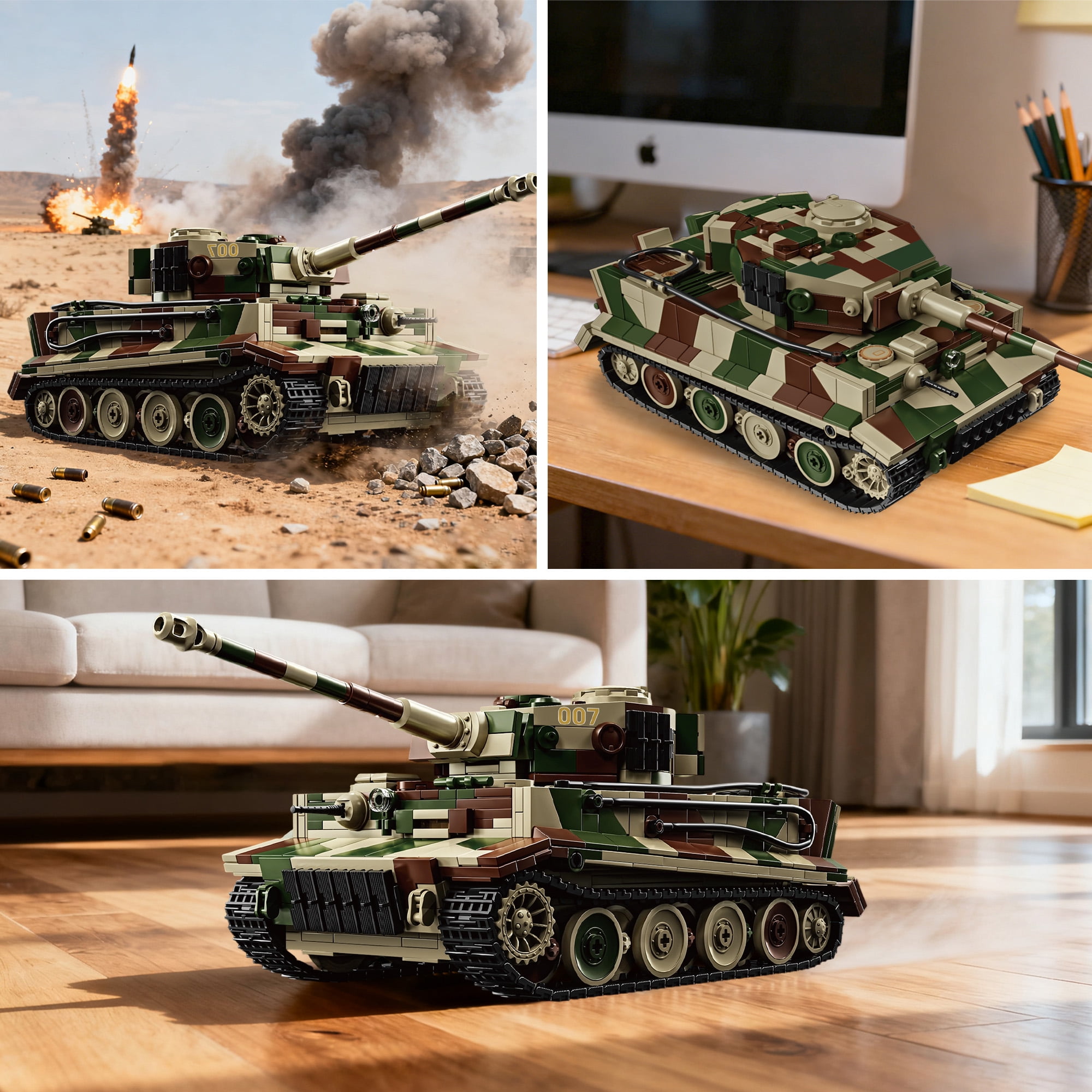 Remocguys WW2 Tiger Tank 007 Building Sets, Compatible with Lego Army Military Vehicles Model kits World War II Collectible for Adults Boys 14+ 1603Pcs
