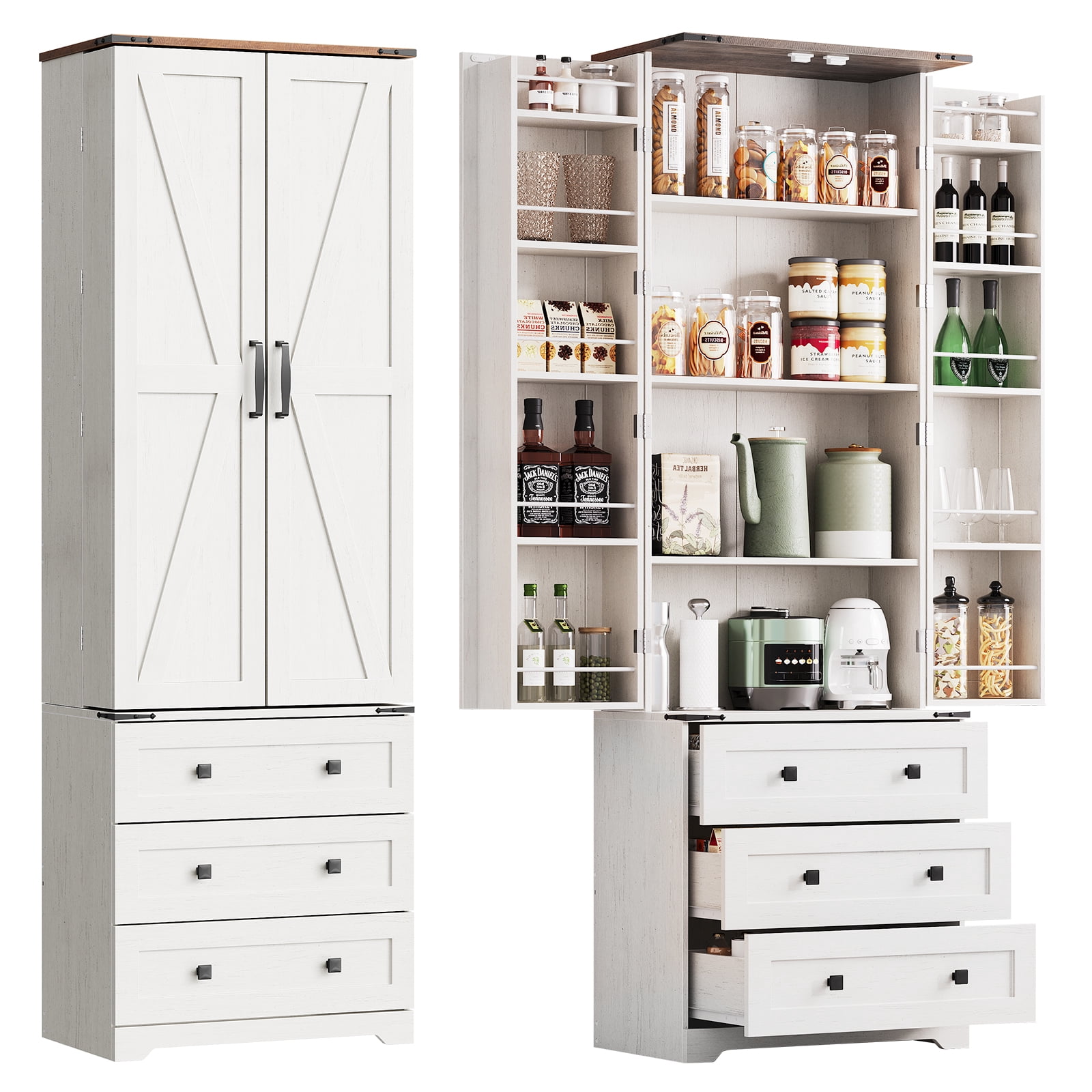 Garderth Kitchen Pantry Cabinet,72" Tall Pantry Storage Cabinet,Freestanding Cupboard With 3 Drawers,Adjustable Shelves,Farmhouse Food Pantry For Dinning Living Room Home Laundry Bathroom