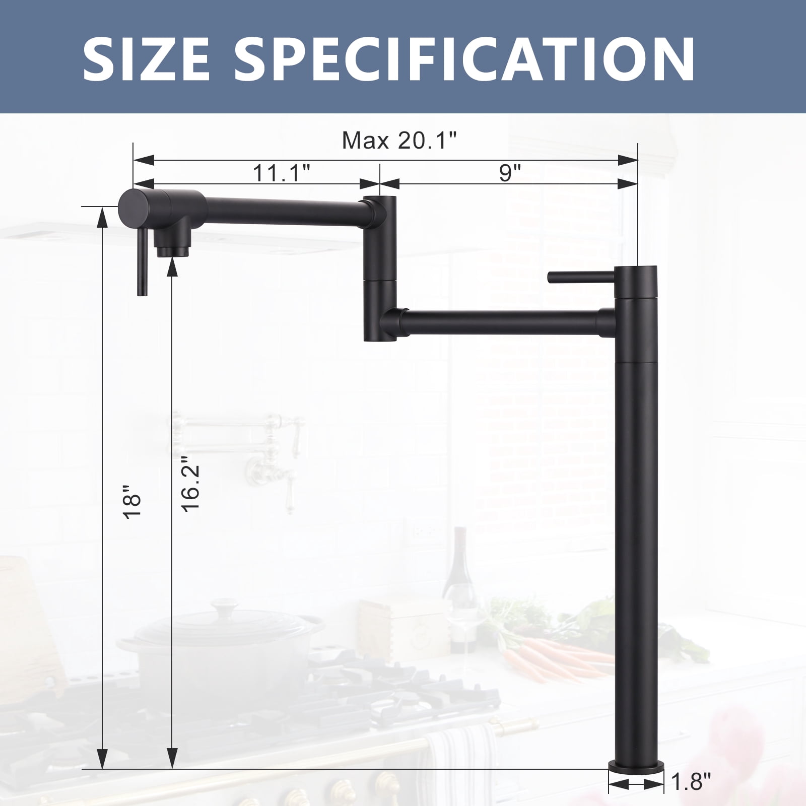 Wowow Pot Filler Faucet Deck Mount Stove Faucet, Solid Brass Pot Filler Matte Black Kitchen Folding Faucet with Stretchable Double Joint Swing Arm (Modern Style, Matte Black)