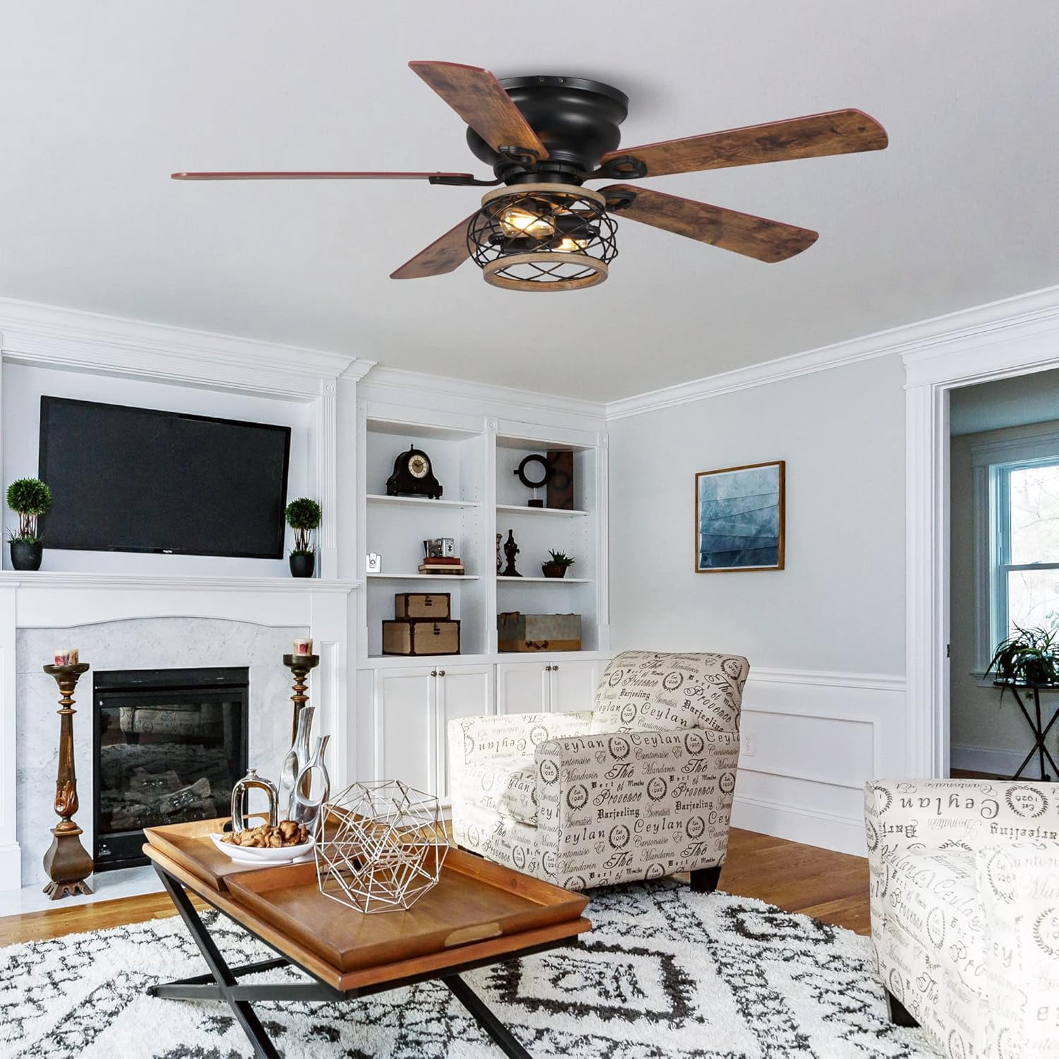 Parrot Uncle Farmhouse 48-Inch Brown Ceiling Fan with Lights and Remote,  Low Profile Ceiling Fan with Light
