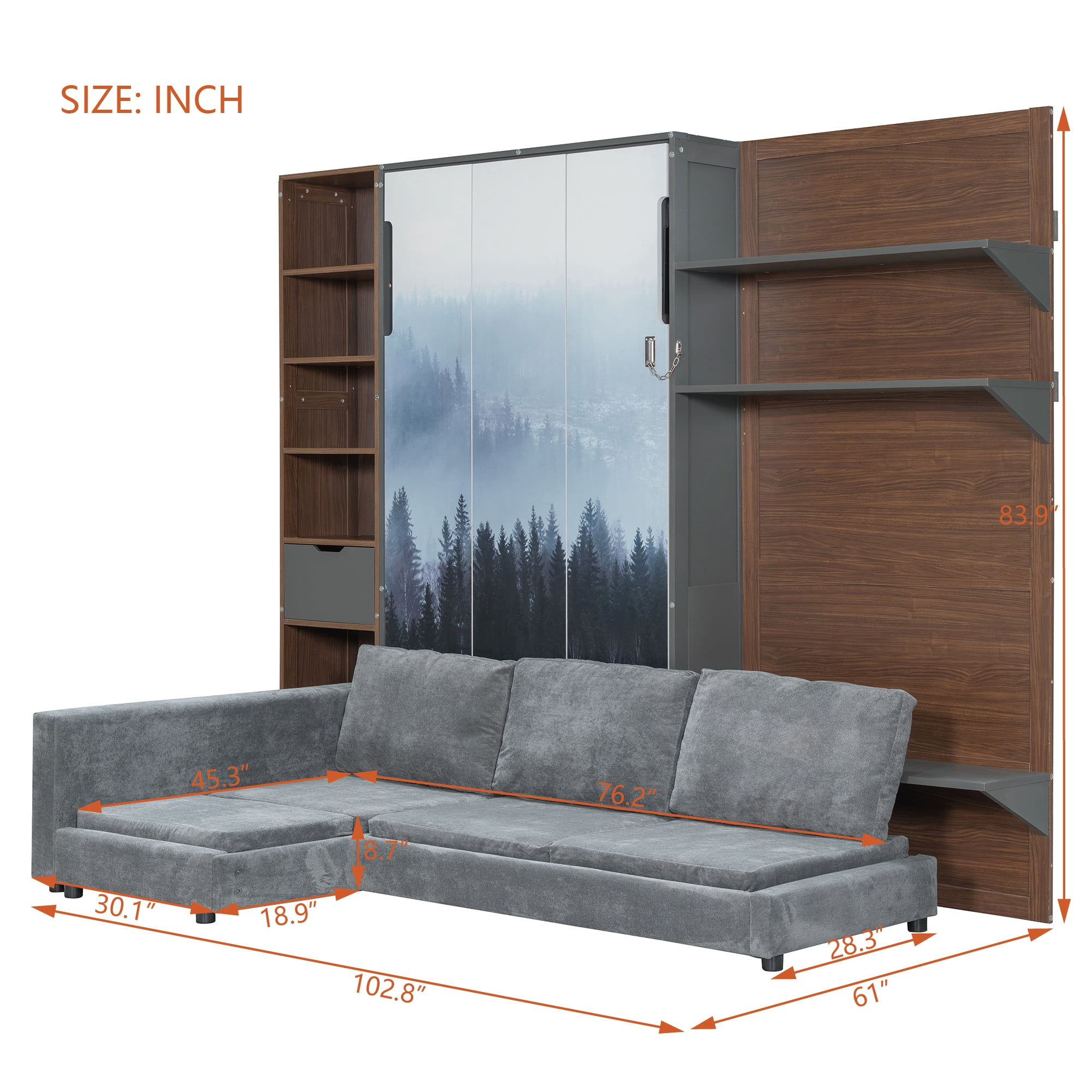 Twin Size Murphy Bed with SOpen Shelf, USB Port, L Shape Sofa, Space-Saving for Small Space, Guest Room