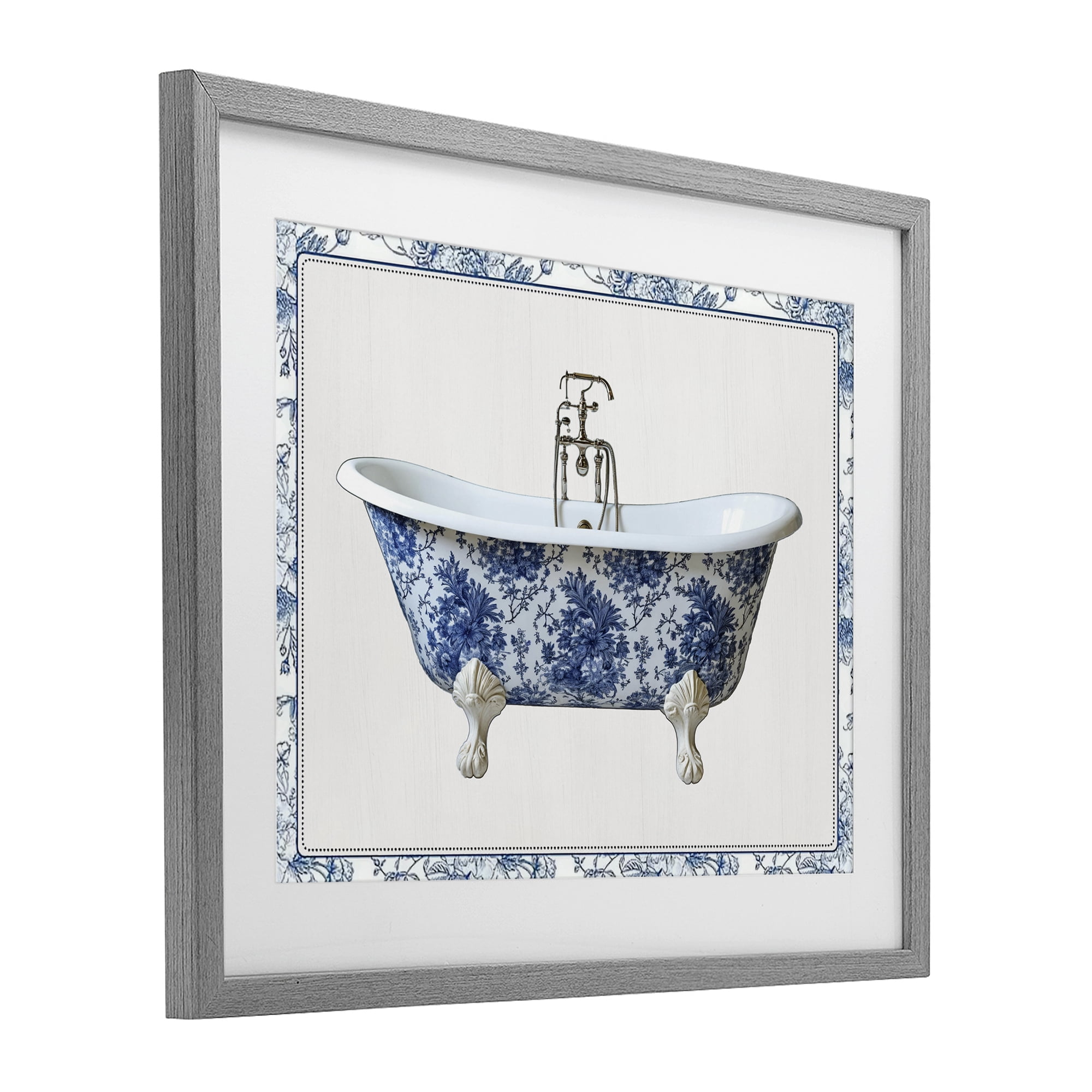 Vintage Chinoiserie Bathtub Gray Framed Print Under Glass, design by Lettered and Lined