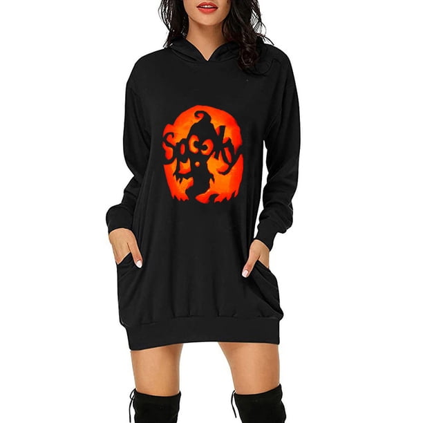 Vestido tipo sudadera con capucha y bolsillo de longitud media con estampado de Halloween para mujer Fridja nbo4432