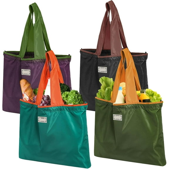4 Pack Reusable Shopping Bags, Foldable Grocery Bags with Handles, Large Lightweight Tote Bag Fits in Pocket, Washable Beach Bag for Kitchen Travel Shopping