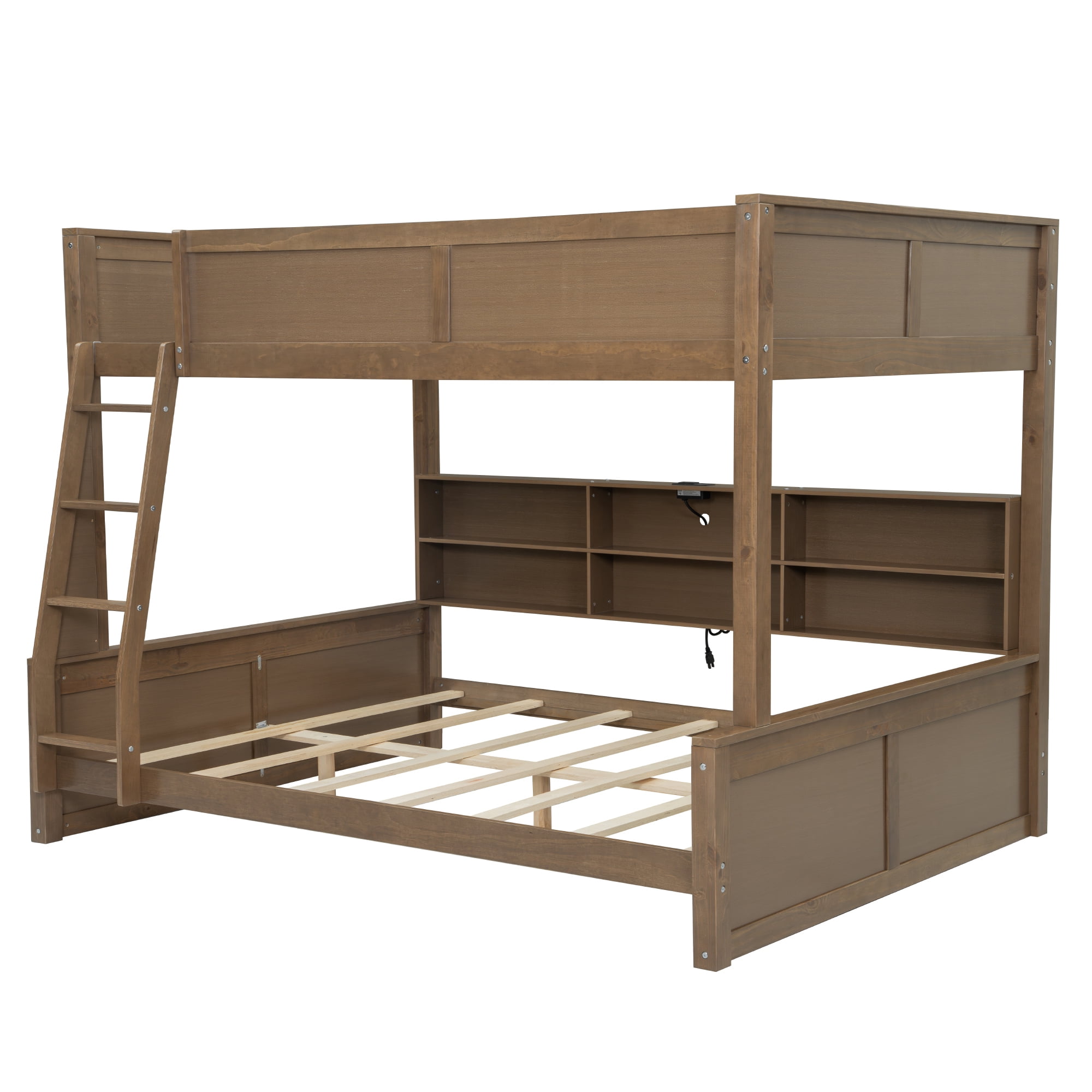 Full XL over Queen Bunk Bed with 6 Storage Cabinets on the Side, USB Ports & Outlets – Solid Pine & MDF Bed Frame with Guard Rails, No Box Spring Needed, Space-Saving Design