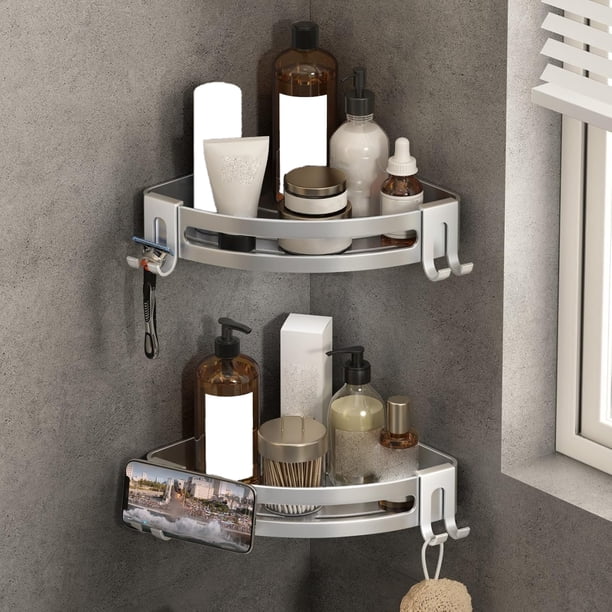 Repisas para Baño Regadera Esquinero Sin Taladro Estante Organizador de Regadera Metal Porta Shampoo para Ducha Antióxido Mueble 2 Unidades Plata