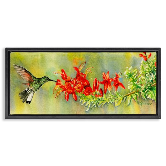 Stupell Industries Traditional Quick Sip Hummingbird Black Floating Frame Canvas Art, 25 x 11, by Christine Reichow