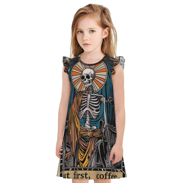 Fotbe Coffee-Drinking Skull Vestido de Dormir para Niñas de 3 a 10 Años, Mangas Cortas, Estilo Princesa, Pijama Camisón con Mangas Voladas-X-Large