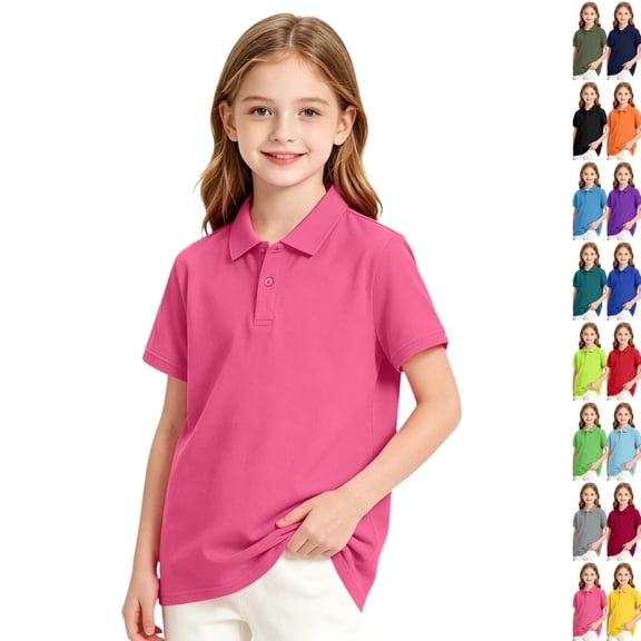 Girls Collared School Uniform Polo Shirts Kid Short Sleeve Pique Polo Shirt,Hot Pink 150