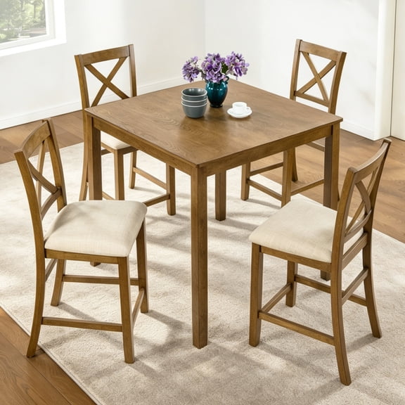 Noble House 5-Piece Counter Height Dining Set, Square Wooden Table with X-Back Chairs for Small Spaces, Natural Oak