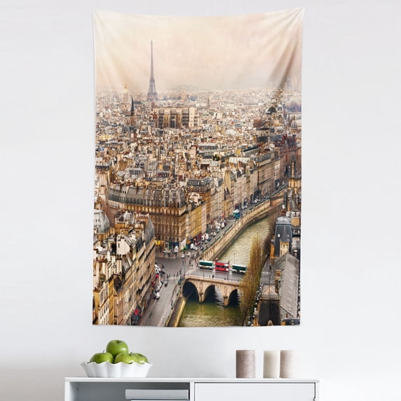Beige Tapestry, Paris Streets Busy Day Buildings Bridge River City Horizon Photography Print, Fabric Wall Hanging Decor for Bedroom Living Room Dorm, 5 Sizes, Beige, by Ambesonne