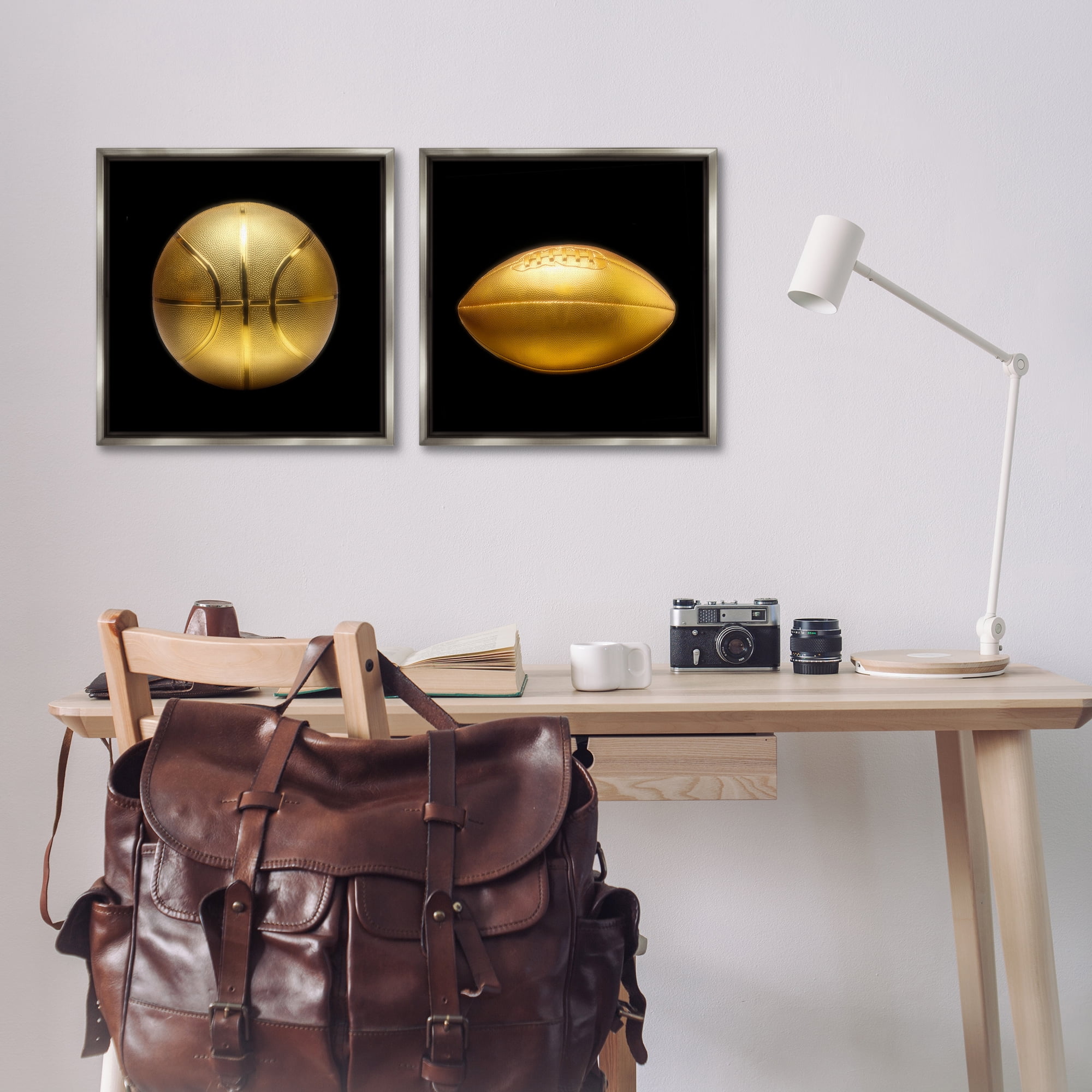 Stupell Industries Golden Designer Sports Balls Sports Painting Gray Floater Framed Canvas Art Print Wall Art, 18 x 18, Set of 2