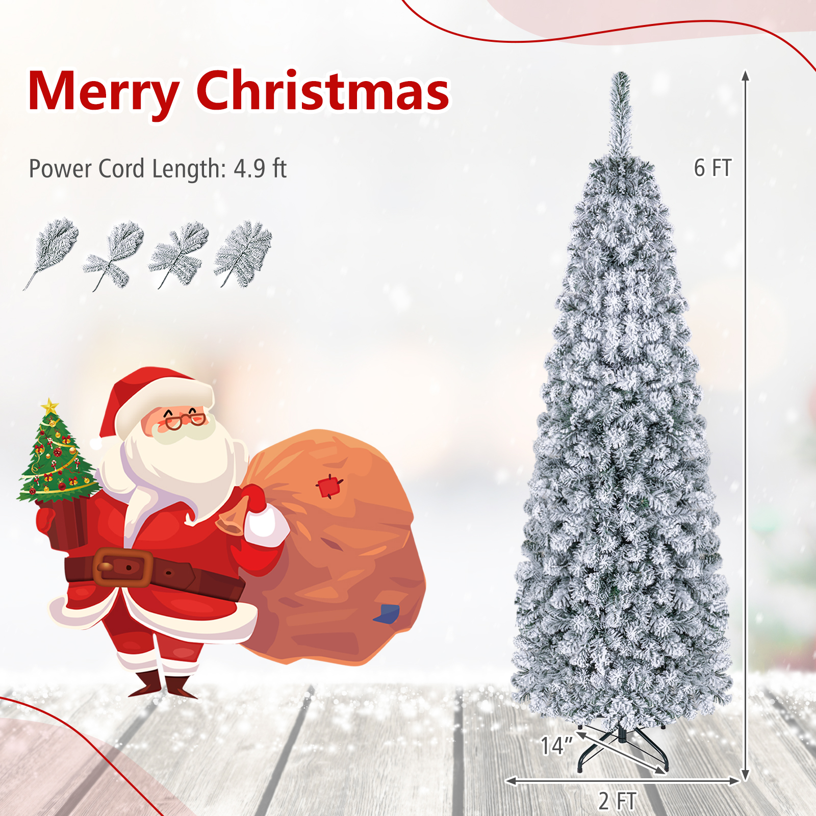 Costway 6ft Pre-Lit Snow Flocked Pencil Christmas Tree, White photo 3