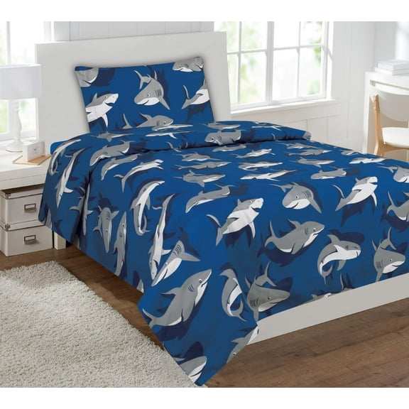 Fancy Collection 4 Pc Full Size Kids / teens Boys Shark Blue Grey Design Luxury sheet Set Full Sheet Shark