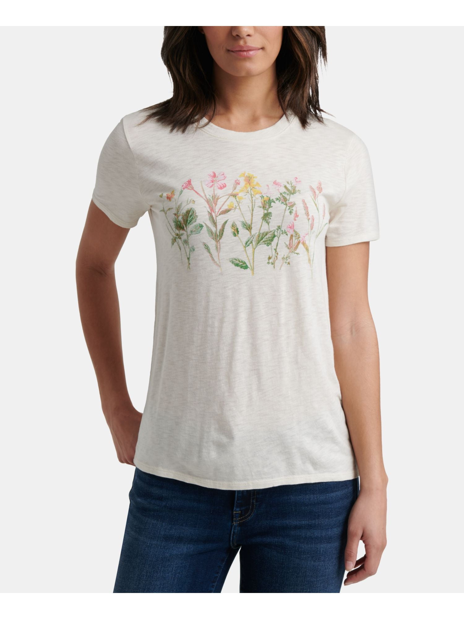 Lucky Brand LUCKY BRAND Womens White Floral Short Sleeve Jewel Neck T