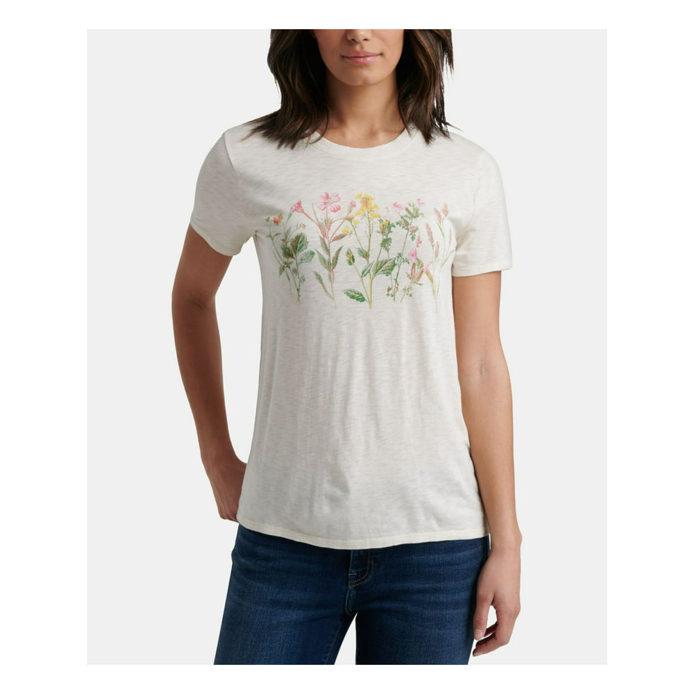 Lucky Brand - LUCKY BRAND Womens White Floral Short Sleeve Jewel Neck T