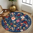 thumbnail image 3 of Navy Blue Flowers Round Rug 8ft Washable Circle Rugs Non Slip Spring Vintage Floral Leaves Farmhouse Large Area Rug Indoor Floor Carpet for Bedroom Kitchen Living Room Home Office Dining Room Nursery, 3 of 8