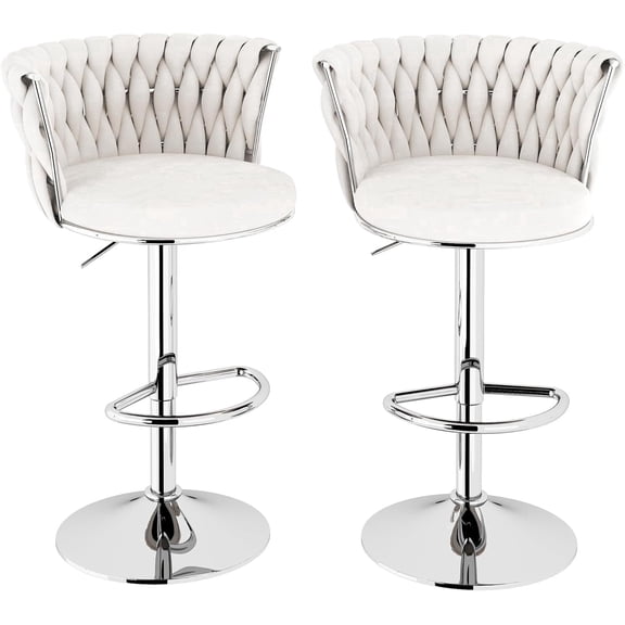 MOOSENG Velvet Swivel Bar Stools Set of 2, Adjustable Height Counter Chairs with Back & Footrest, Modern Upholstered Barstools for Kitchen Island White