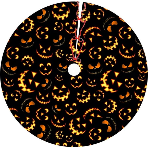 Falda de árbol de Halloween de 36 pulgadas con cara sonriente de calabaza, decoraciones para árboles de Navidad de Halloween, falda de árbol negra para fiestas navideñas de otoño, decoración del hogar