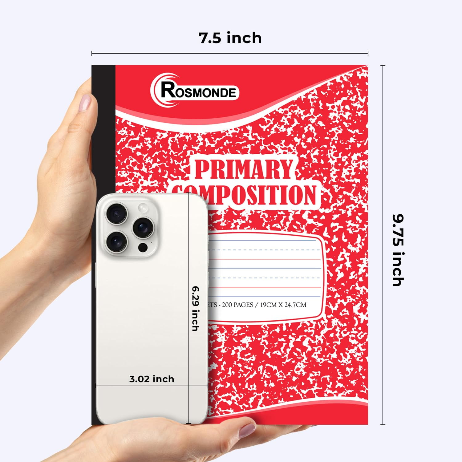 Rosmonde Composition Notebooks Primary Ruled 50 Pack, 200 Pages (100 Sheets), Color Marble Composition Notebook, Sewn Binding Hard Cover, Primary Composition Notebook for Kids, Writing Dotted Lined
