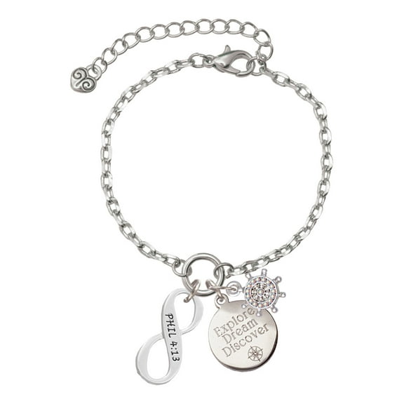 Delight Jewelry Silvertone Philippians 4:13 Infinity Sign Silvertone Discover Dream Explore Zoey Charm Bracelet, 6.5 2" Extender