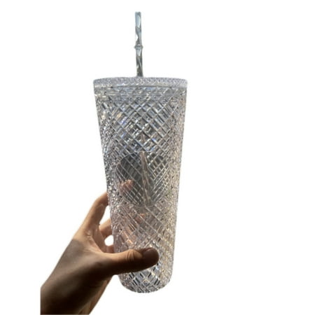 

Water Tumbler 24 Oz Glitter/Normal Rhombus Pattern BPA Free Water Cup with Lid and Straw Reusable Double-Layer Iced Coffee Cup