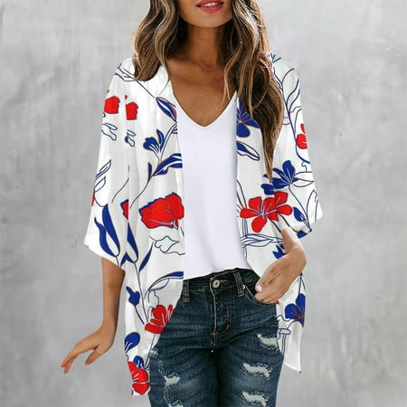 Abomasnow Women s Swim Cover Ups Floral Print 3/4 Sleeve Lightweight Chiffon Open Front Kimono Cardigan Casual Summer Loose Bikini Swimsuit Cover Up Blouse Tops