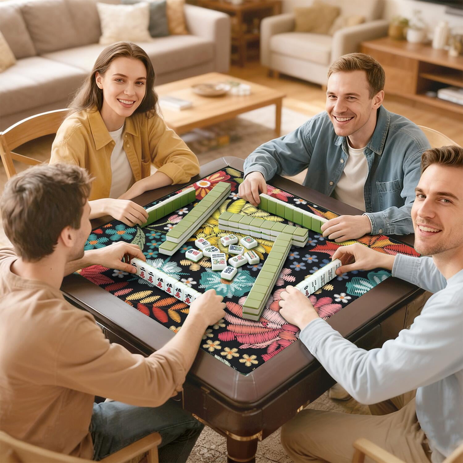 Classic Boho Pattern Extra Large Non-Slip Mahjong Mat 31.5 Inch Square Rubber Playing Pad with Quiet Design for Tiles Card Games and Board Game Nights