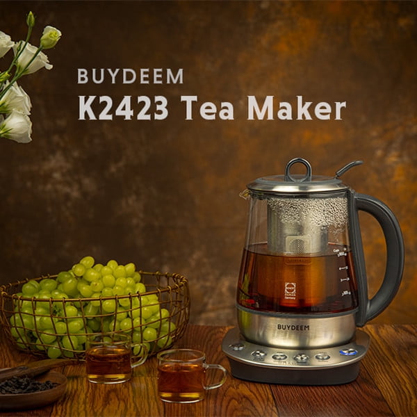 BUYDEEM K2423 Théière, Bouilloire Électrique Durable en Acier Inoxydable 316 et Verre Allemand Schott, Infuseur Amovible, Maintien Automatique au Chaud, Sans BPA, 1,2L