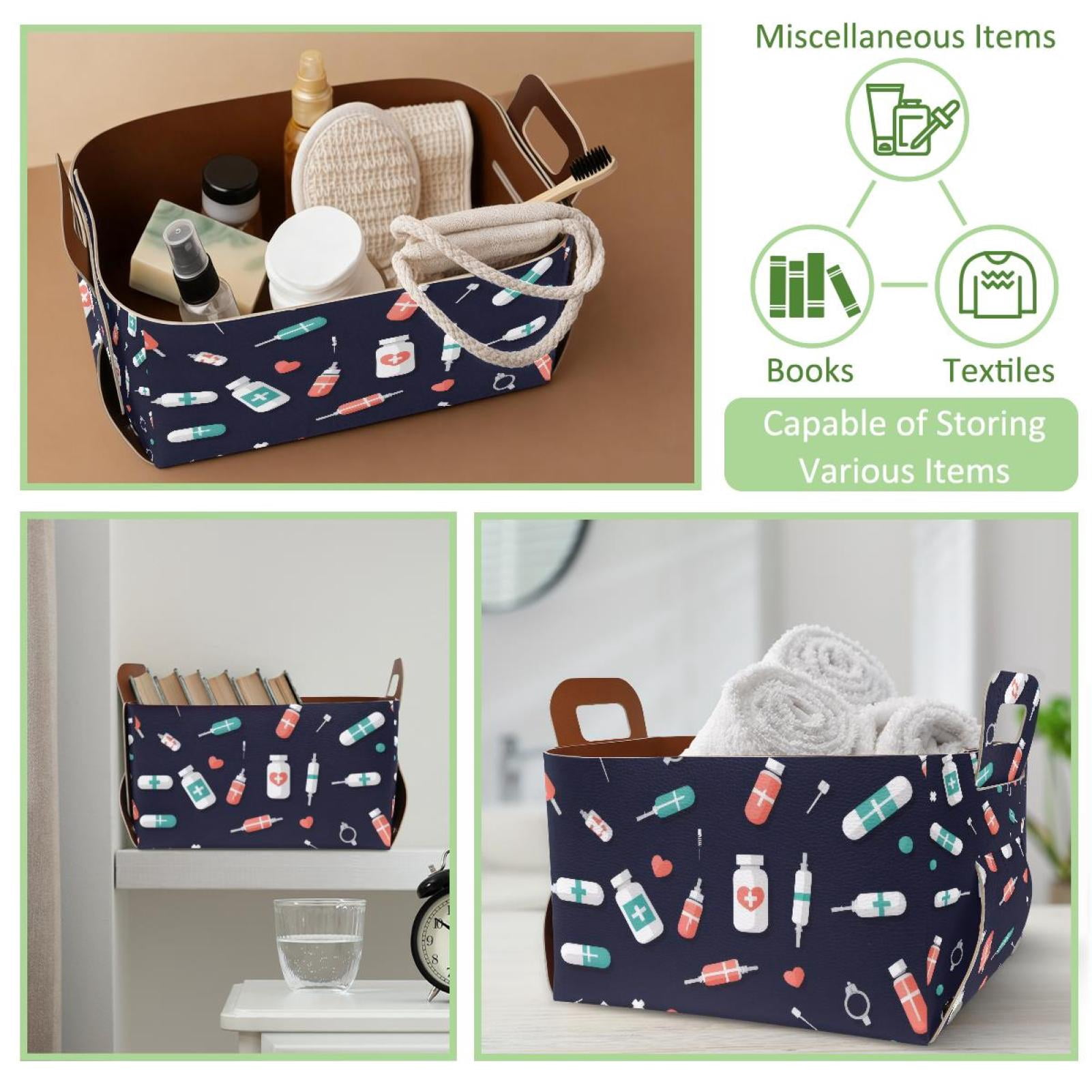 Medicine Picture Storage Basket Collapsible Storage Bin, PU Foldable Basket Convenient Box Storage Organizer with Handles for Shelves Office Bedroom Closet Nursery Toys Laundry