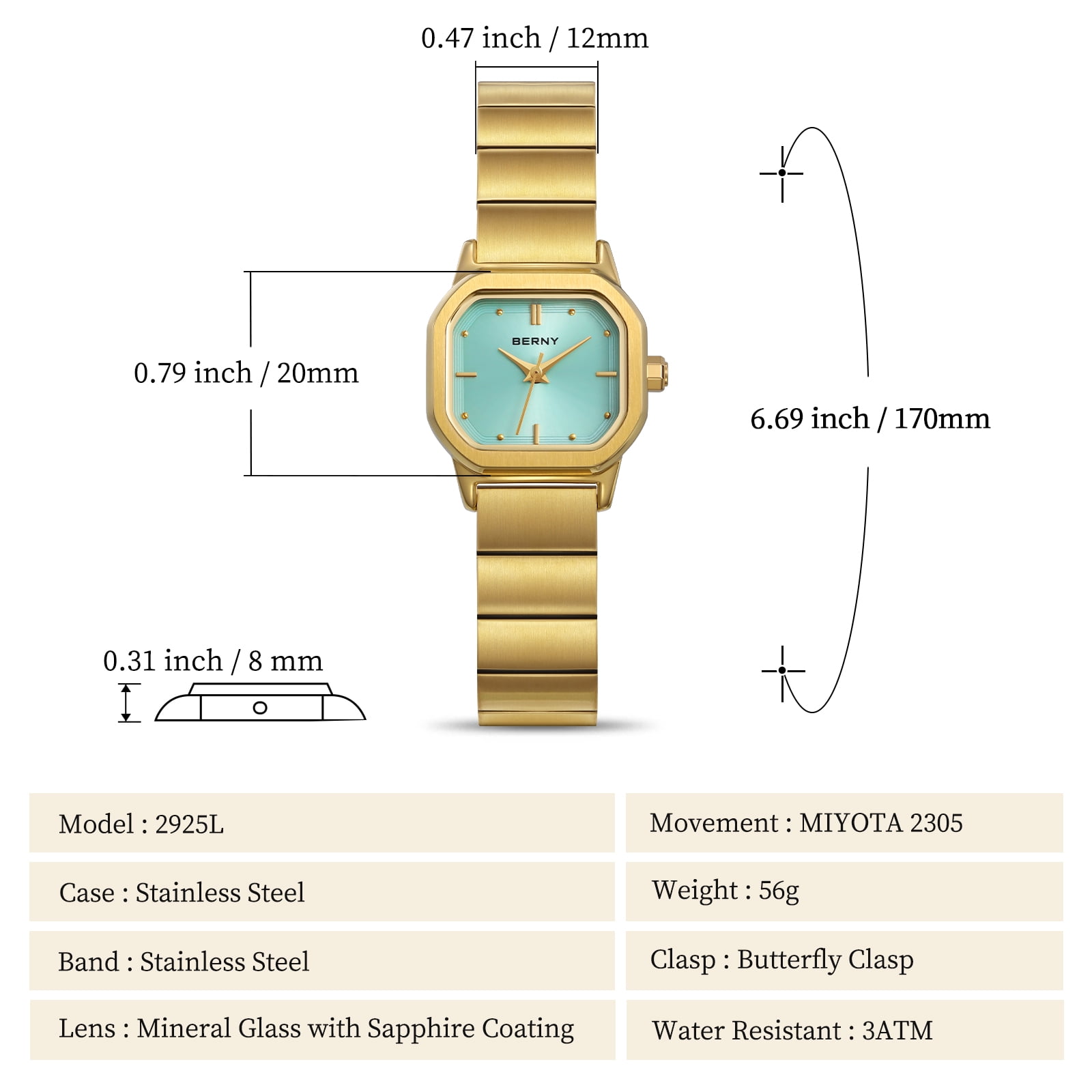 BERNY Small Gold Watches for Women, Dainty Minimalist Dress Watch with Square Dial, Vintage Stainless Steel Bracelet Watch, Waterproof, Ladies Luxury Gifts (Blue)